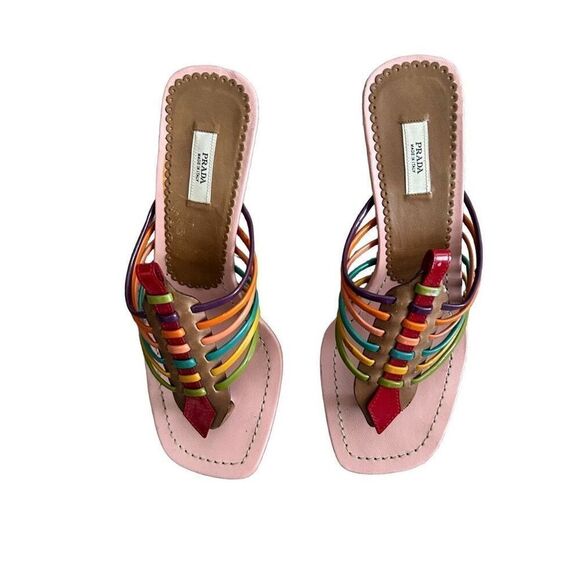 Prada Shoes - Prada Vera Cuoio Rainbow Strapped Kitten Heel Sandals